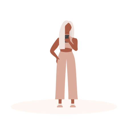 Black woman in summer clothes looks at the phone. Cartoon character on isolated white background. Vector illustration.のイラスト素材