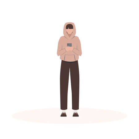 Cute flat in hoodie man looks at the phone. Cartoon character on isolated white background. Vectorのイラスト素材