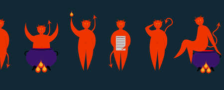 Set of red devils character in different pose for Halloween. Costume for masquerade. Cute vector illustration on isolated background.のイラスト素材