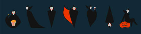 Set of dracula character in different pose for Halloween. Costume for masquerade. Cute flat vector illustration on isolated background.のイラスト素材