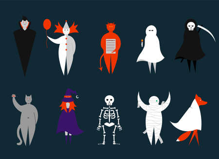 Halloween set of different masquerade costume. Flat vector style on isolated backgroundのイラスト素材