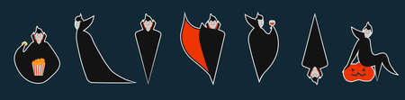 Set of dracula stickers in different pose for Halloween. Costume for masquerade. Cute flat vector illustration on isolated background.のイラスト素材