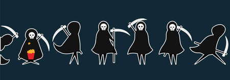 Set of death stickers with scythe for Halloween. Costume for masquerade. Cute flat vector illustration on isolated background.のイラスト素材
