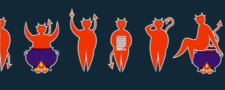 Set of red devils stickers in different pose for Halloween. Costume for masquerade. Cute vector illustration on isolated background.のイラスト素材