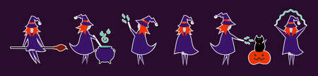 Set of witch stickers in different pose for Halloween. Costume for masquerade. Cute flat vector illustration on isolated background.のイラスト素材