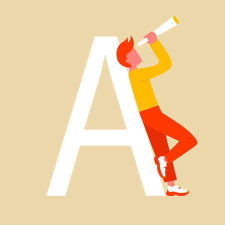 A man stands near a large the letter A and looks through a telescope. A flat cartoon character with an upper case letter. Vector illustration.のイラスト素材