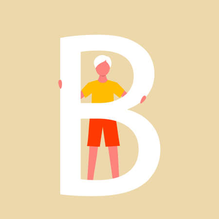 A man stands behind a large the letter B. A flat cartoon character with an upper case letter. Vector illustration.のイラスト素材