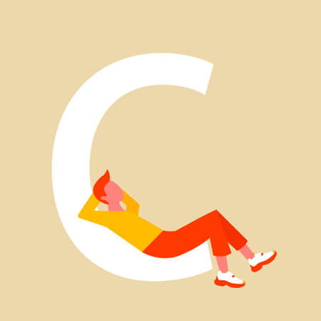 A man rests lying on a large C. A flat cartoon character with an upper case letter. Vector illustration.のイラスト素材