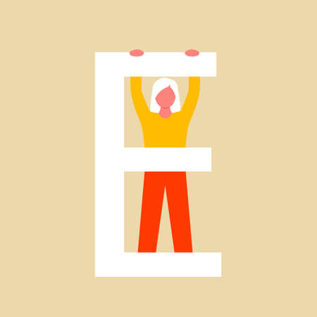 A woman stands behind a large the letter E. A flat cartoon character with an upper case letter. Vector illustration.のイラスト素材