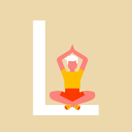 Yoga asana. The man is sitting in the Lotus position on a large letter L. Flat cartoon character with an upper case letter L.のイラスト素材