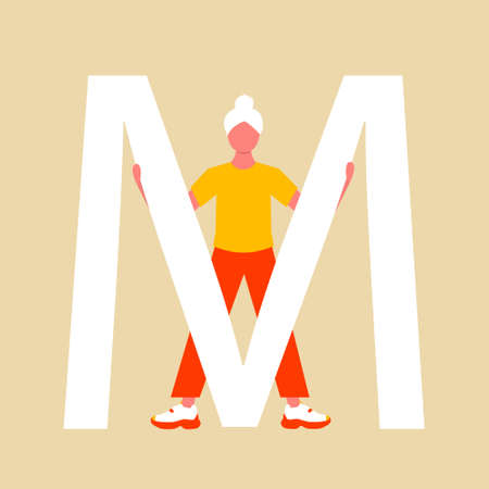 A man stands behind a large the letter M. A flat cartoon character with an upper case letter. Vector illustration.のイラスト素材