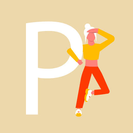The woman is holding on to the capital letter P.のイラスト素材
