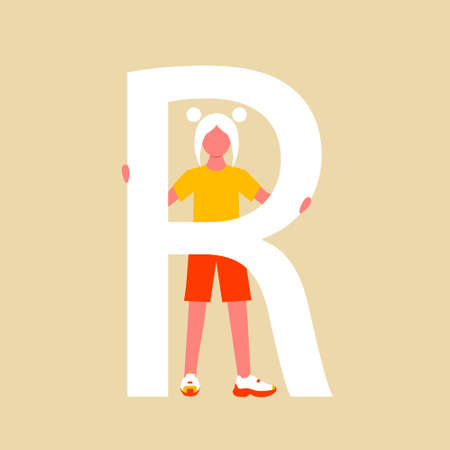 A girl stands behind a large the letter R. A flat cartoon character with an upper case letter. Vector illustration.のイラスト素材