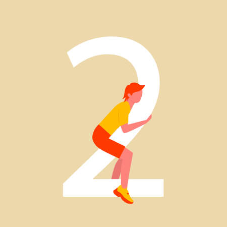 A man sits on top of a large number two. A flat cartoon character with numbers.のイラスト素材