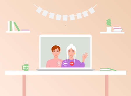 Video call with friends. Virtual meeting with colleagues. Online conference with to man and girl through laptop screen. Remote online meeting. Quarantine and social distancing. Vectorのイラスト素材