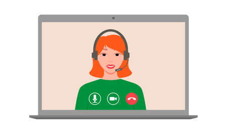 Call center. Woman in headphones with a microphone speaks by video link. Virtual meeting with colleagues. Remote online meeting. Quarantine and social distancing. Vector.のイラスト素材