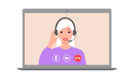 A smiling female character in headphones with a microphone speaks by video link.のイラスト素材