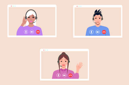 Group video call. Virtual meeting with colleagues. Remote online meeting. Quarantine and social distancing. Vectorのイラスト素材