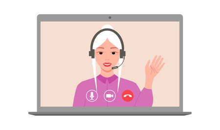 Call center. Smiling woman in headphones with a microphone speaks by video link. Virtual meeting with colleagues. Remote online meeting. Quarantine and social distancing. Vector.のイラスト素材