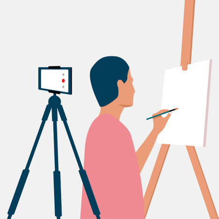 A man draws on an easel and records an online drawing lesson on her phone. Online courses, e-learning. Live translation on social networks. Home activity during quarantine.のイラスト素材