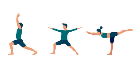 Collection of young people performing yoga asana Virabhadrasana. Set of flat cartoon characters demonstrating various yoga positions. Healthy lifestyle.のイラスト素材