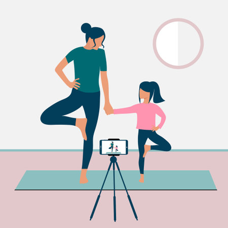 A mother and daughter stand in a tree pose and record a video yoga lesson on their smartphone. Yoga with kids. The concept of Stay home. Home activities during quarantine. Online courses.のイラスト素材
