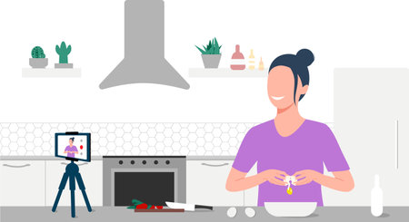 Food blogger streaming live. A beautiful woman breaking an egg and records an online cooking video tutorial on his phone. Woman communicating with subscribers through phone camera.のイラスト素材