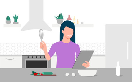 A young woman looks on tablet and cooking by online video tutorial in her kitchen. Online culinary school. Online courses, e-learning.のイラスト素材