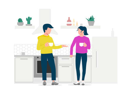 The couple is talking in the kitchen. Young people drink and have a small talk and a friendly conversation. Vector illustration.のイラスト素材