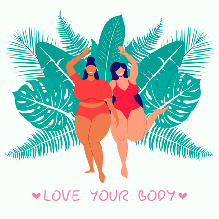 Happy girls. Beautiful fat curvy girls dance in a swimsuit. Beauty diversity. Body-positivity, feminism. Love your body. Flat illustration for postcard, banner, poster.のイラスト素材