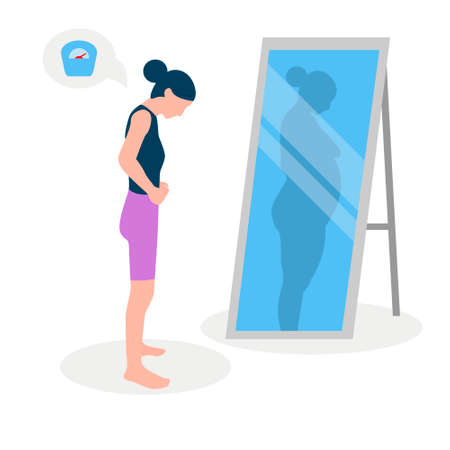 Flat vector illustration of a skinny girl with low self-esteem standing in front of a mirror. The girl looks into her distorted reflection.のイラスト素材