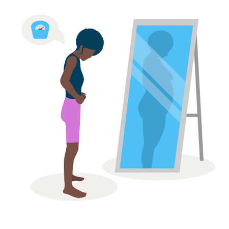 Flat vector illustration of a black skinny girl with low self-esteem standing in front of a mirror. The girl looks into her distorted reflection.のイラスト素材