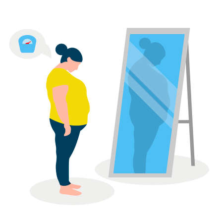 Flat vector illustration of a fat girl with low self-esteem standing in front of a mirror. The girl looks into her distorted reflection.のイラスト素材