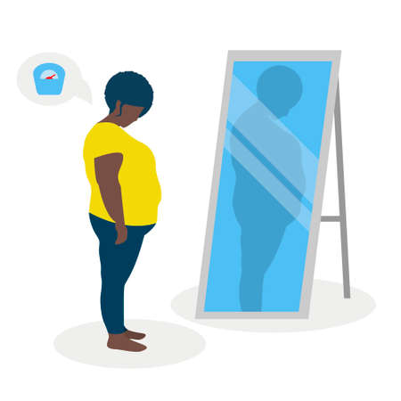 Flat vector illustration of a black fat girl with low self-esteem standing in front of a mirror. The girl looks into her distorted reflection.のイラスト素材