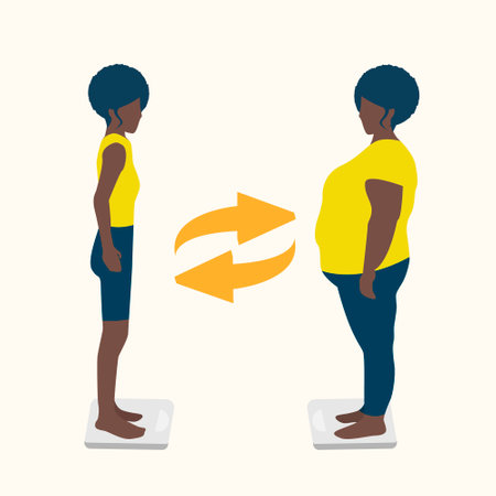 Body positive black woman. Vector illustration of a thin and fat woman. Girls stand on the scales. Illustration for Social media, poster, web and app. Eps 10のイラスト素材