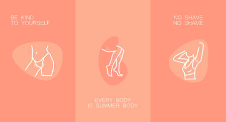 Beautiful woman body line art with an unshaven body, legs, armpits. Minimalist female curvy figure. Abstract female in lingerie. Minimalist line women bodies set. Hand drawn art. Fashion illustrationのイラスト素材