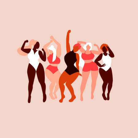 Body positive. Love your body. Different skin color and body size women characters dance in swimsuit. Flat vector illustration for postcard, banner, poster, app. Eps 10のイラスト素材