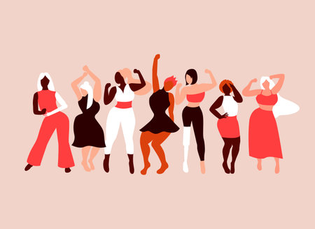 Happy girls dancing. Body positivity. Love your body. Different skin color and body size women characters. Flat vector illustration for postcard, banner, poster, app. Eps 10のイラスト素材