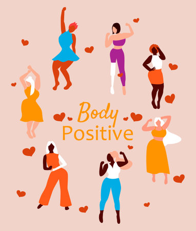 Body positive girls. Love your body. Different skin color and body size women characters dancing on isolated background. Flat vector illustration for postcard, banner, poster, app. Eps 10のイラスト素材