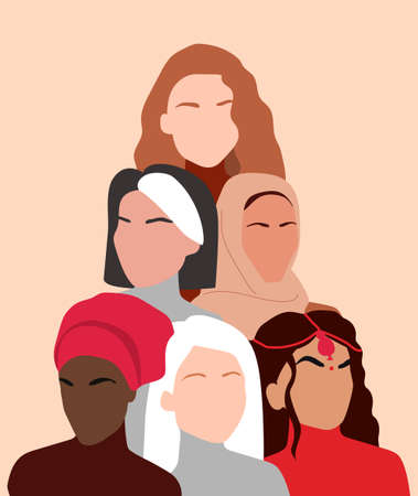 Portrait of different nationalities and cultures woman. Girls standing together. Each for equal, Womens friendship, solidarity, sisterhood. Horizontal poster of the International Womens Day. Eps 10のイラスト素材