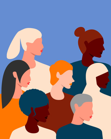 Womens faces of different ethnic groups and cultures. International womens day. 8th march. Womens friendship, solidarity, sisterhood. Women empowerment movement. Eps 10のイラスト素材