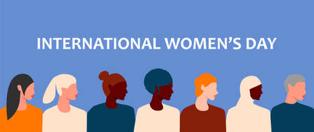Horizontal poster with womens faces of different ethnic groups and cultures. International womens day. 8th march. Womens friendship, solidarity, sisterhood. Women empowerment movement.のイラスト素材