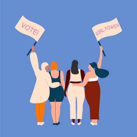 International women's day. 8th march. Poster with different skin color women with a transponder. Vector illustration in flat style for greeting card, postcard, web, banner.のイラスト素材