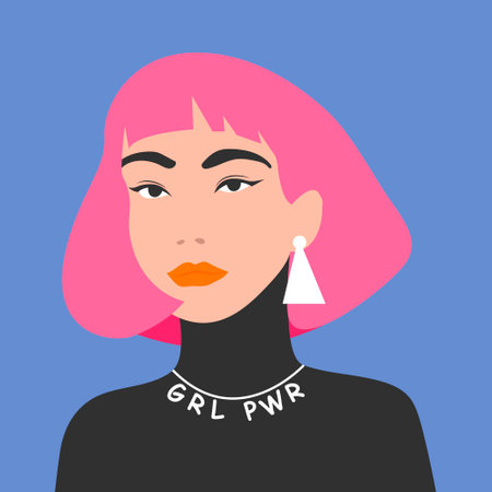 Portrait of beautiful Asian teenage girl with pink hair and the necklace with inscription girl power. International women's day. 8th march. Women empowerment movement.のイラスト素材