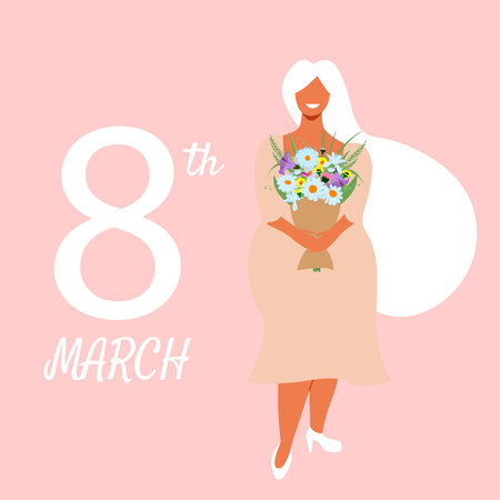 Beautiful Black woman in white dress hold bouquet of flowers. International womens day. 8th march. Vector illustration for greeting card, postcard, card, web, banner. Eps 10.のイラスト素材