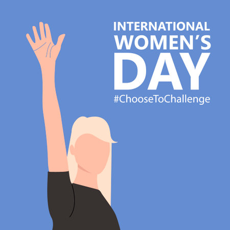 International women's day. 8th march. Poster with beautiful woman with raised hand. Choose to Challenge campaign. Vector illustration in flat style for greeting card, postcard, web, banner.のイラスト素材