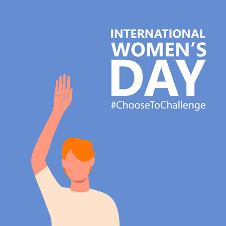 International women's day. 8th march. Poster with short hair woman with raised hand. Choose to Challenge campaign. Vector illustration in flat style for greeting card, postcard, web, banner.のイラスト素材