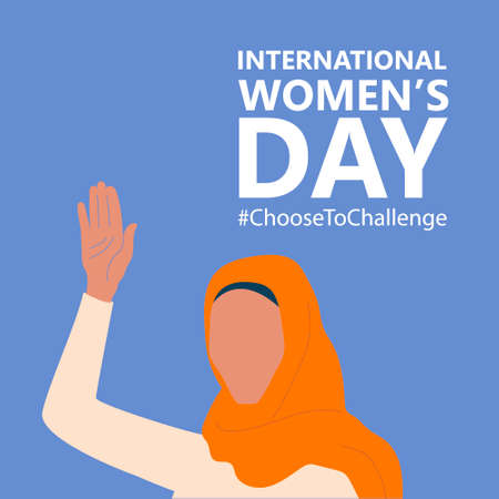International women's day. 8th march. Poster with beautiful muslim woman with raised hand. Choose to Challenge campaign. Vector illustration in flat style for greeting card, postcard, banner.のイラスト素材