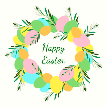 Happy Easter. Easter wreath with eggs and floral element in circle shape. Vector illustration on isolated background for template, greeting card, banner, and other using. Eps 10のイラスト素材