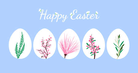 Happy Easter. Collection of Easter eggs with spring flowers, berries ornament. Vector illustration on isolated background for template, greeting card, banner, and other using. Eps 10のイラスト素材